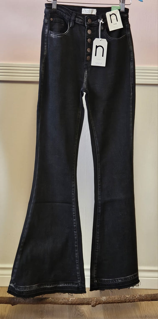 Black Flare, Button Fly, (high rise) Jeans Frayed Hem